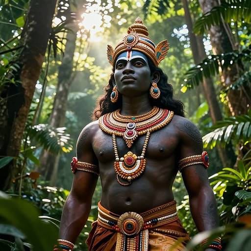 Photograph of a muscular, dark-skinned deity with long black hair, adorned in ornate gold and red jewelry, standing in a sunlit jungle