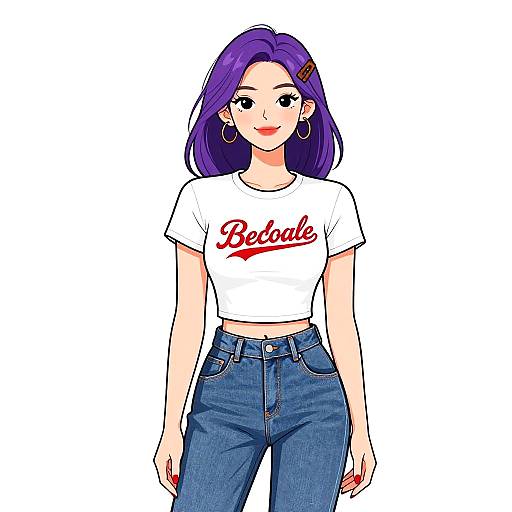 Digital anime-style drawing of a cute, purple-haired woman wearing a white 