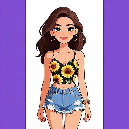 Digital illustration of a cute, light-skinned woman with long brown hair, wearing a sunflower crop top and distressed denim shorts, standing against a white