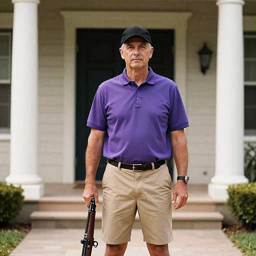 Middle-aged man holding rifle in front of house