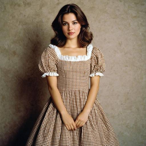 Young Woman in Vintage Brown Checkered Dress