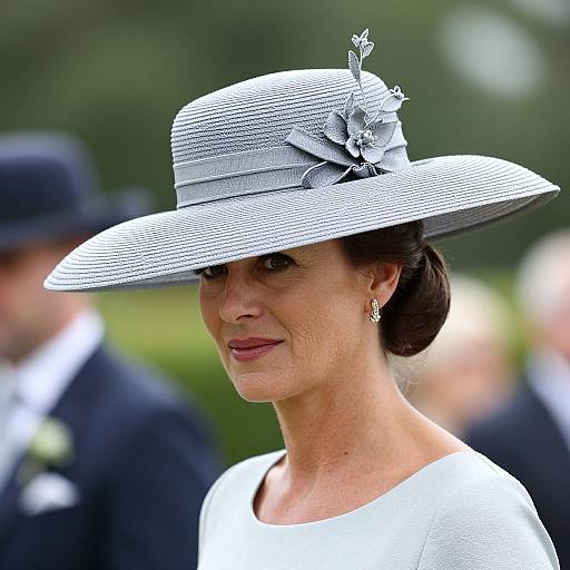 Photograph of an elegantly dressed woman in a grey striped wide-brimmed hat with a decorative flower, wearing a white dress, outdoors. Bl