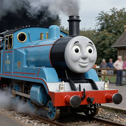 Photograph of a blue, steam-powered Thomas the Tank Engine with a smiling white face, black smokestack, and red front, steaming on tracks