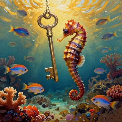 Vibrant underwater scene with a golden, striped seahorse hanging from an antique key, surrounded by colorful fish and coral reefs, bathed in