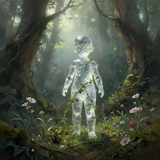 Digital art: A glowing, transparent child figure stands in a misty forest, surrounded by vibrant flowers and vines, with sunlight filtering through the trees.
