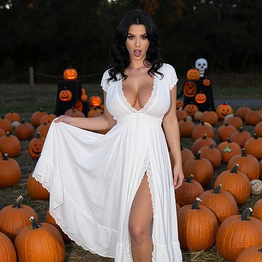 Photograph of a curvy woman with black hair, large breasts, wearing a low-cut white lace dress, standing in a pumpkin-filled field at night