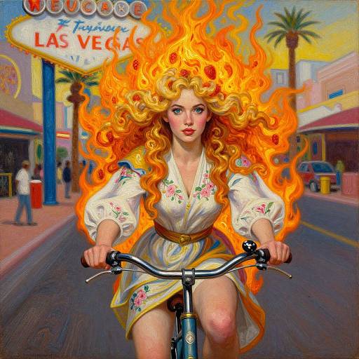 Digital painting of a blonde woman with fiery hair riding a bicycle on a Las Vegas street, wearing a floral dress, with 