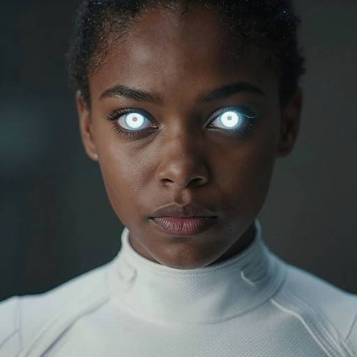 Photograph of a dark-skinned woman with glowing white eyes, wearing a white high-neck top, against a dark background.