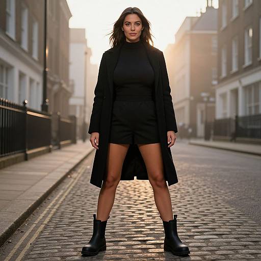 Photograph of a confident, dark-haired woman in a black coat, shorts, and boots, standing on a foggy, empty cobblestone street