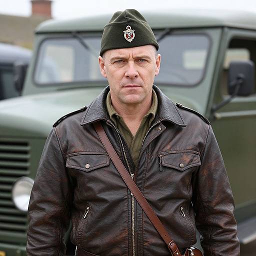 Photograph of a middle-aged white man with a serious expression, wearing a black military-style cap and jacket, standing in front of a green military truck
