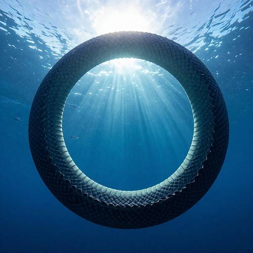 Underwater photograph of a textured tire floating, bathed in sunlight with rays streaming through the clear blue water.