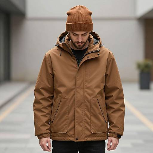 Photograph of a bearded man wearing a brown beanie and tan winter jacket, standing in an urban alleyway with blurred background.