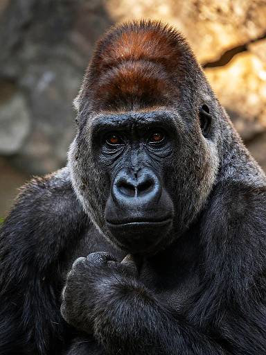 Photograph of a solemn gorilla with dark fur, reddish brow, and intense eyes, resting a hand on its chest against a blurred rocky background