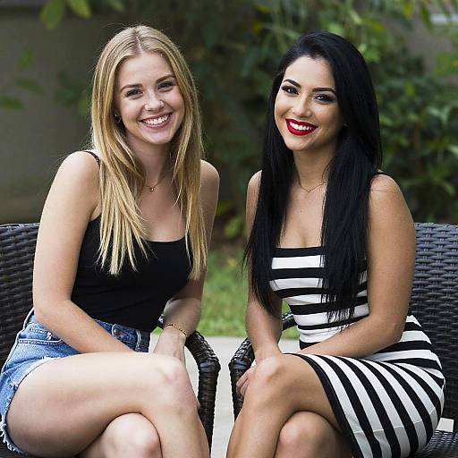 Photograph of two smiling women, one with blonde hair in a black top and denim shorts, the other with black hair in a black-and-white striped