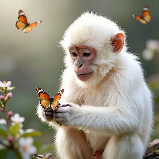 Photograph of a white-faced monkey with soft, white fur gently holding an orange and black butterfly, surrounded by three more butterflies, with blurred green foliage