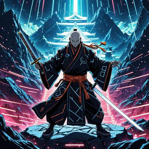 Cybernetic Samurai Monk in Futuristic Shrine
