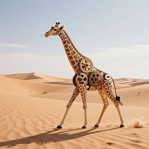 Photograph of a tall, spotted giraffe walking through a bright, sunlit desert with golden sand dunes and a clear blue sky.