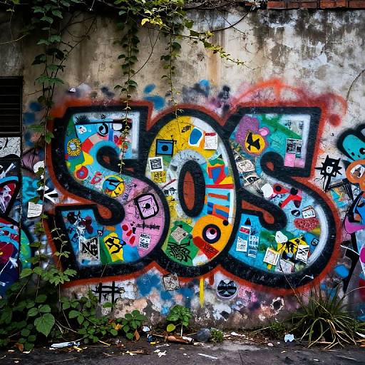 Vibrant graffiti art on a weathered concrete wall, featuring colorful stickers, bold letters, and plant vines creeping in. Urban street art.