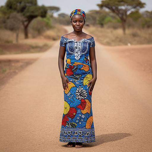 Photograph of a smiling African woman standing on a dirt road, wearing a colorful blue dress with vibrant yellow, red, and white patterns, and a