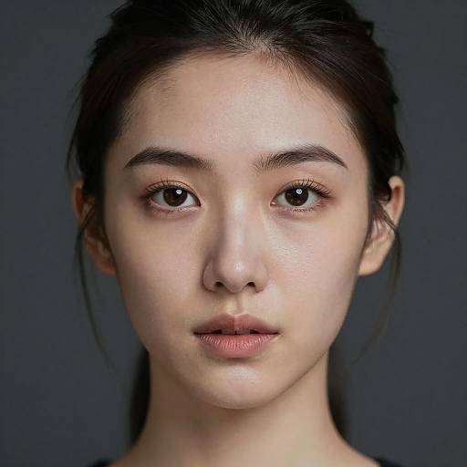 Photograph of a young Asian woman with fair skin, dark hair, and brown eyes, facing forward against a dark blue background.