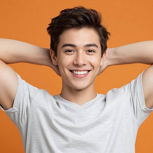 Photograph of a smiling teenage boy with short dark hair, wearing a white t-shirt, arms raised behind his head, against an orange background.