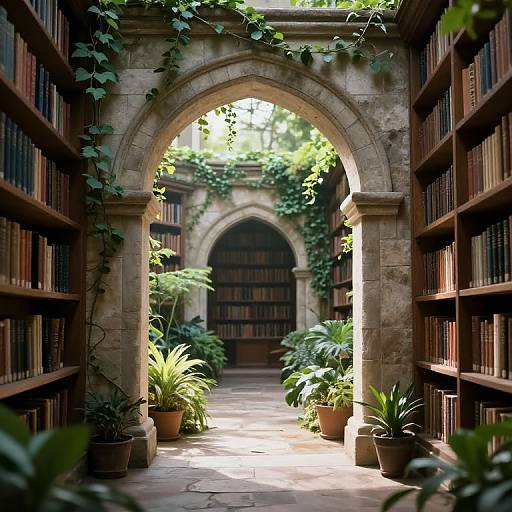 Photograph of a sunlit, stone arched library entrance, framed by lush green plants, with book-filled wooden shelves on both sides.