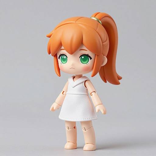 CGI chibi-style doll with orange ponytail, green eyes, and white dress, standing against a light blue background. Plush and cute.
