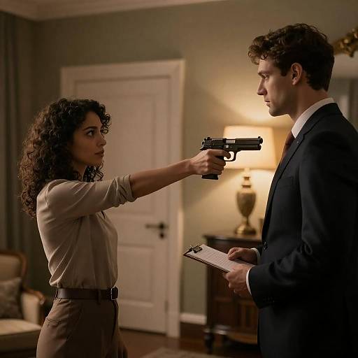 Woman Points Gun at Notetaker