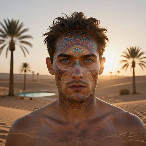 Photograph of a shirtless man with intricate, colorful facial paint in a desert at sunset, palm trees in the background.
