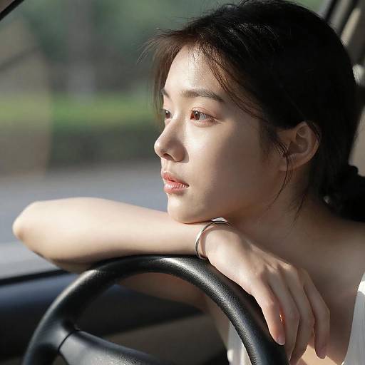 Young Woman Leaning on Car Steering Wheel
