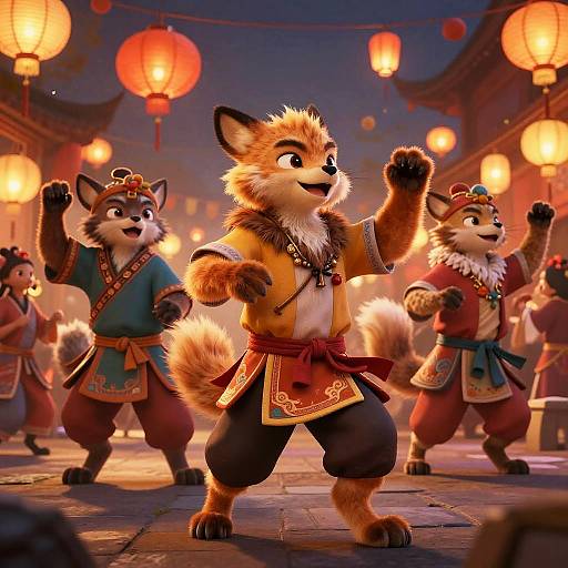 Digital illustration of three anthropomorphic foxes in traditional Chinese attire, performing a lively dance under glowing red lanterns in a nighttime street festival.