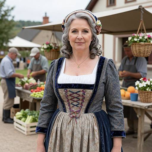 Photograph of a middle-aged woman with gray curly hair, wearing a traditional German dirndl dress, standing at an outdoor market with vendors and produce in