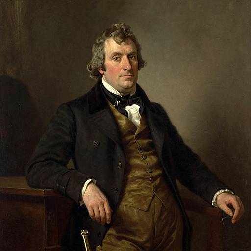 Photorealistic portrait painting of a middle-aged white man with curly gray hair, wearing a black coat, brown vest, white cravat, and