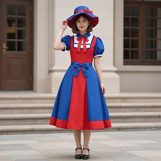 Photograph of a young woman in a vibrant blue and red Alice in Wonderland-style dress, matching hat, white collar, and black shoes, standing on
