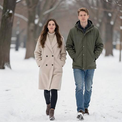 Young Couple Strolling in Snowy Park