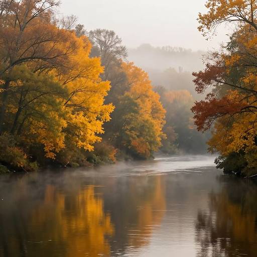 Photograph of a serene autumn river, reflecting vibrant orange and yellow leaves on both sides, with mist rising from the water.