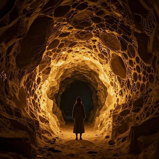 Photograph of a person in silhouette standing in a glowing, honeycomb-patterned cave tunnel, illuminated by warm, orange light.