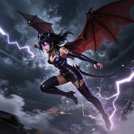 Digital artwork of a fierce, black-haired, bat-winged demoness with glowing purple eyes, wearing a black latex outfit and thigh-high boots, flying