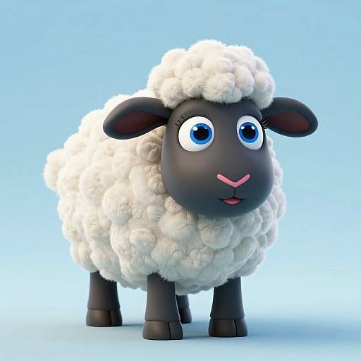 CGI cartoon sheep with fluffy white wool, black face and legs, large blue eyes, pink nose, and standing on light blue background.