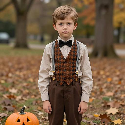 Boy in Vintage Halloween Costume with Pumpkin