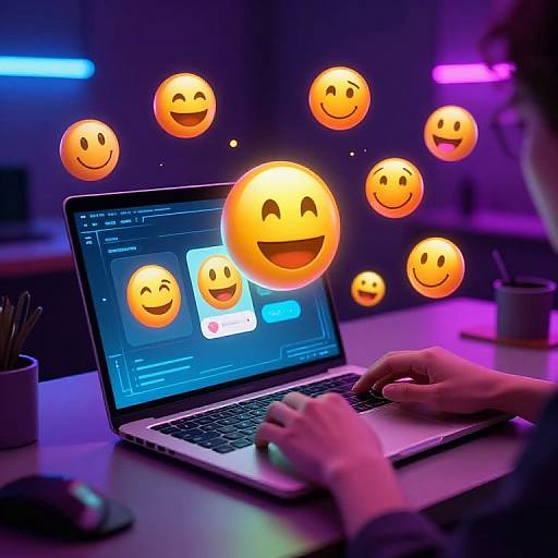 Photograph of hands typing on a laptop, surrounded by glowing, smiling emoji faces, in a neon-lit, modern workspace.