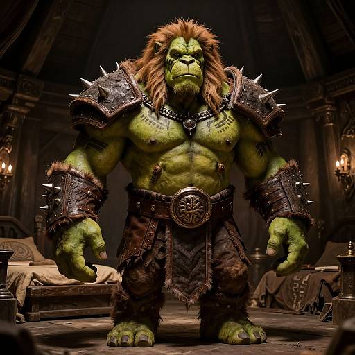 CGI image of a muscular, green-skinned orc with a lion mane, wearing spiked armor and fur loincloth, standing in a dark,