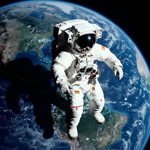 Photograph of an astronaut in a white spacesuit with a black helmet floating above Earth, showing continents and blue oceans.