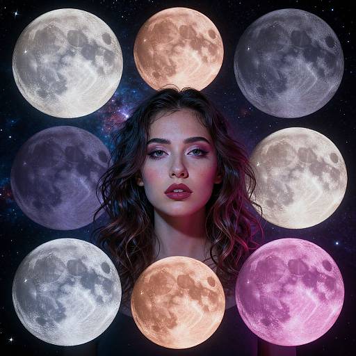 Digital artwork of a young woman with wavy brown hair, centered between seven moons of varying sizes and colors, against a starry night sky. Her