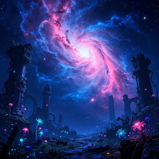 Digital artwork: Vibrant cosmic whirlpool illuminates a dark, ruins-filled landscape with glowing blue and pink flowers, and starry night sky.