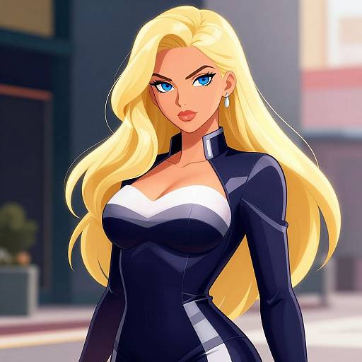 Digital anime-style drawing of a blonde woman with blue eyes, wearing a tight black and white dress, standing confidently in an urban background.