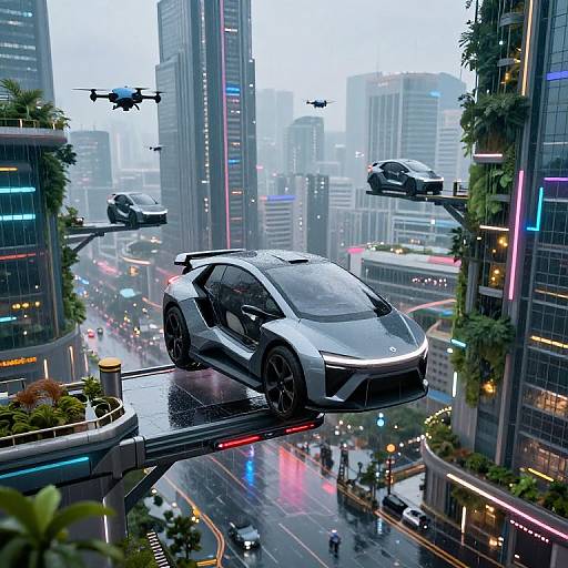 Photorealistic CGI of a futuristic cityscape with a sleek, silver flying car and drones hovering above a rain-soaked, neon-lit street.