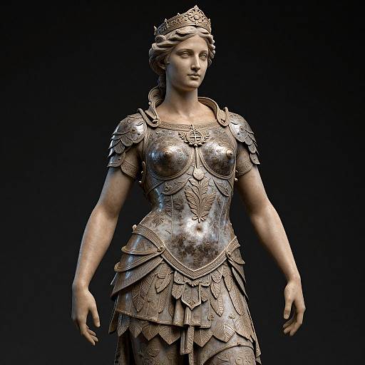 Photorealistic digital sculpture of a stern-faced, armored female warrior with a crown, intricate metallic breastplate and skirt, and detailed foliage patterns, set