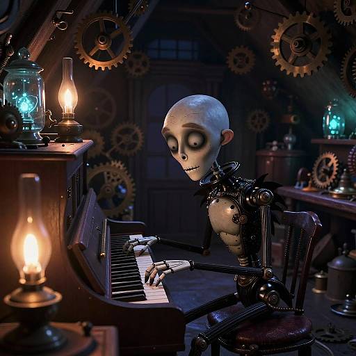 Melancholic Automaton Pianist in Attic Workshop
