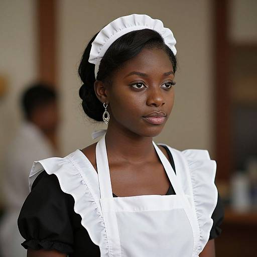 Photograph of a dark-skinned woman in a traditional black and white French maid outfit, with a white headpiece, earring, and serious expression